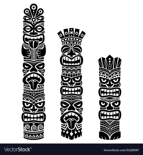 Tiki Illustration, Totem Pole Drawing, Totem Pole Tattoo, Tiki Pole, Totem Tiki, Maori Warrior, Black Line Tattoo, Tiki Tattoo, Totem Tattoo