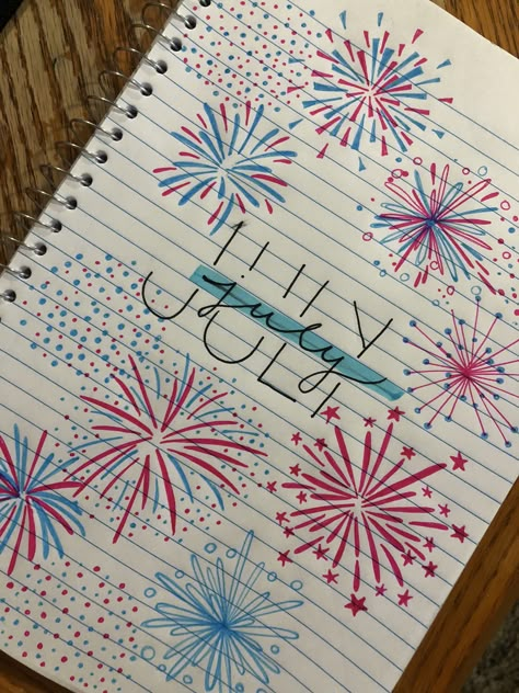 Fourth Of July Journal Page, July Scrapbook Page, July Bullet Journal Cover Fireworks, 4th Of July Journal Ideas, July Bujo Calendar, Bujo July Cover Page, July Calendar Doodles, July Whiteboard Ideas, July Journal Spread