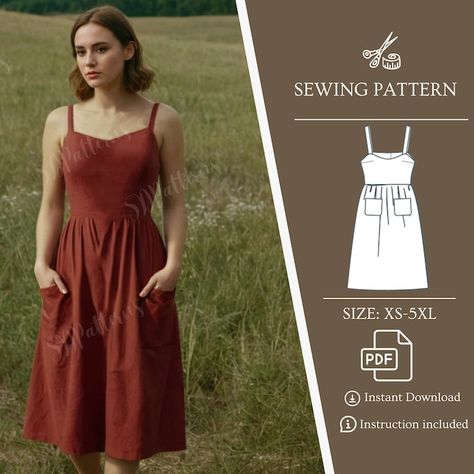 Tie Strap Dress Pattern, Linen Dress Pattern Sewing, Gathering Dress, Sleeveless Apron, Linen Dress Pattern, Dress Apron, Minimalist Dress, Straps Dress, Dress Pockets