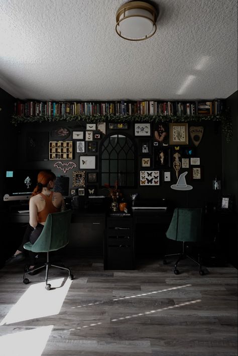 Spooky Home Office, Dark Cottage Core Home Office, Witch Core Living Room, Home Office Witchy, Goth Office Aesthetic, Slytherin Aesthetic Decor, Slytherin Aesthetic Living Room, Slytherin Office Aesthetic, Home Office Goth