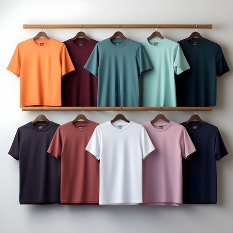 Photo colorful assortment of gents tshir... | Premium Photo #Freepik #photo New T Shirt Designs For Men, Tshirt Ads, T Shirt Photography Ideas, T Shirt Display, Clothes Labels, Shirt Photography, T-shirt Photography, Apparel Mockup, Tshirt Photography