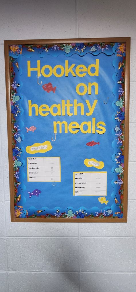 Lunch Room Bulletin Board Ideas, Cafeteria Bulletin Board Ideas, Cafeteria Decorations, School Cafeteria Decorations, Cafeteria Bulletin Boards, Inspirational Bulletin Boards, Food Bulletin Boards, School Custodian, School Kitchen