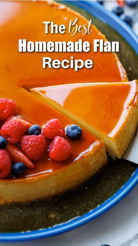 Flan is a creamy, caramel-topped Spanish and Latin dessert. Eggs, condensed milk, evaporated milk, cream, and vanilla form a smooth custard. Flan Pie Recipe, Large Flan Recipe, Flan Recipe For A Crowd, Creamy Caramel Flan, Flan Pudding Recipe, Flan With Heavy Cream, Flan With Evaporated Milk, Cuban Flan Cake, Strawberry Flan Recipe