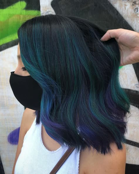 Brown Blue Hair, Hair Roulette, Hair Dye For Dark Hair, Green Hairstyles, Dark Teal Hair, Medium Aesthetic, Aesthetic Honey, Fox Hair Color, Dark Green Hair