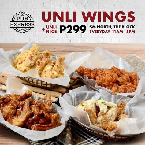 Have a barrel of fun from Pub Express UNLI WINGS at SM North The Block! Available daily from 11:00 AM until 8:00 AM. Chicken Wings Shop Interior Design, Unli Wings, Wings Menu, Sm North, Wings Restaurant, Food Photography Background, Crispy Wings, Cheesy Bacon, Restaurant Logo