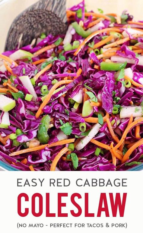 A crunchy & refreshing red cabbage coleslaw mixed with carrot, apple, jalapeno, cilantro & green onion then tossed in a tangy & slightly sweet apple cider vinegar dressing. No mayo in this recipe! Use this easy & healthy slaw as a topping for fish tacos or pulled pork sandwiches or serve it as a simple side dish with a heartier main course. (gluten-free, dairy-free, vegan & paleo) #cabbage #sidedish #coleslaw #mealprepideas #easyrecipe #tacos #pulledpork #healthyrecipes Red Cabbage Coleslaw, Purple Cabbage Slaw, Carrot Ribbons, Cabbage Slaw Recipes, Vegan Cabbage, Vinegar Coleslaw, Apple Coleslaw, Red Cabbage Slaw, Carrot Slaw