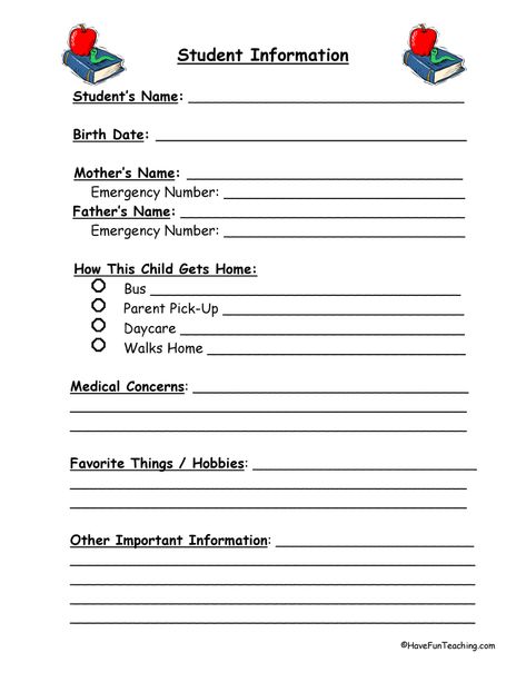 Student Information Sheet Student Info Sheet, Student Information Form, Student Information Sheet, Back To School Worksheets, Fifth Grade Resources, Student Data Notebooks, Data Notebooks, Teacher Forms, Student Info