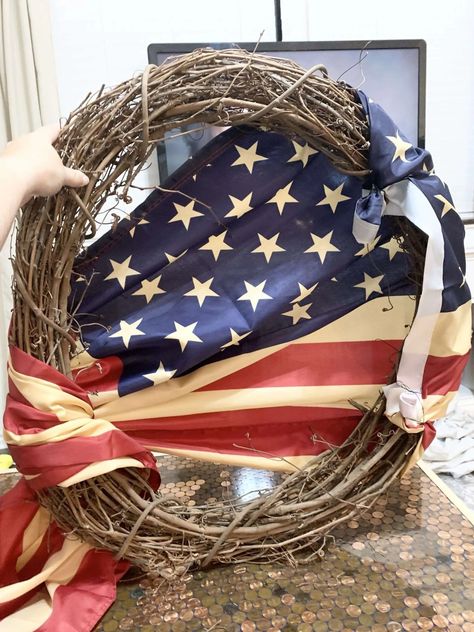 Americana Wreaths For Front Door, Americana Wreaths Diy, American Flag Wreath Diy, Flag Wreath Diy, 4th Of July Wreath Diy, Flag Wreaths For Front Door, Patriotic Flag Wreath, Diy Patriotic Decor, 4th Of July Wreaths