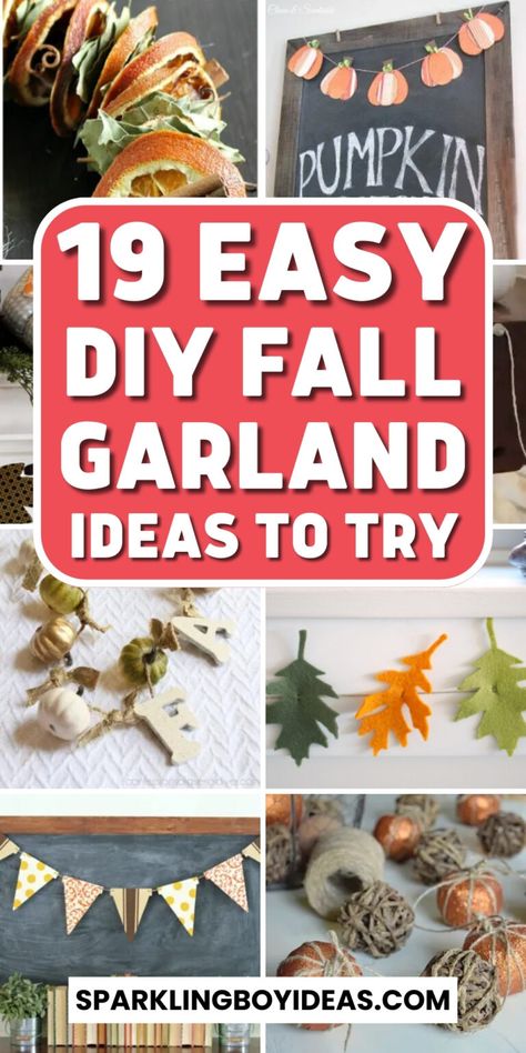 Burlap Garland Ideas, Homemade Fall Garland Ideas, Diy Thanksgiving Garland Ideas, Autumn Bunting Diy, Diy Pumpkin Garland Outdoor, Fall Paper Garland Diy, Autumn Garland Ideas, Easy Diy Fall Garland, Fall Garlands Ideas