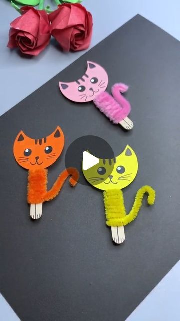 Kitten Crafts For Kids, Craft Stick Crafts Diy Projects, Craft Animals For Kids, Animals Art And Craft, Cat Crafts Kids, Cute Cat Crafts, Thread Art Diy, Cat Crafts For Kids, Cat Paper Craft