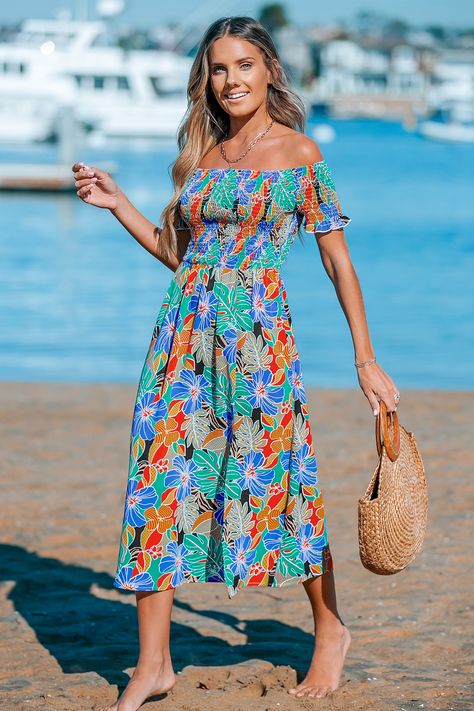 Tropical Bloom Off-Shoulder Smocked Maxi Dress Shape Silhouette, Smocked Maxi Dress, Affordable Swimwear, Make Memories, Shoulder Design, Tropical Paradise, Pattern Floral, Formal Event, Jumpsuits For Women