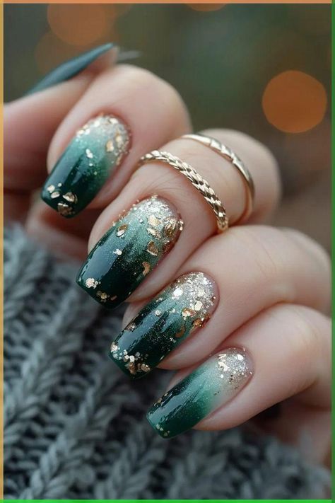 Green Gold Ombre Nails, Green And Gold Ombre Nails, Green And Gold Nails Ideas, Pink And Green Ombre Nails, Gold Green Nails, Green Wedding Nails, Green Ombré Nails, Gold And Green Nails, Peter Pan Nails