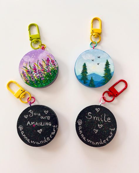 Cute Colorful Nature Keychains 🔑🌲🏞️🌄 Made from wood, painted with acrylics and uv resin for strong protection. #annawanderart #acrylicpainting #acriliconwood #keychainsforsale #cutekeychain #handpainted #handpaintedkeychain #lovemykeychain #handmadewithlove #produsinromania #dichisar #susținemproducătoriilocali #handmadeuk #loveforcolor Colorful Nature, Cute Keychain, Paint Pens, Uv Resin, Keychains, Arts And Crafts, Hand Painted, Wood, Quick Saves