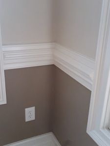 What to do? (with wainscoting and chair rails) – colorzenblog Chair Rail Paint Ideas, Double Wide Remodel, Two Tone Walls, Painted Wainscoting, Dining Room Wainscoting, Dining Room Paint, Dining Room Colors, Chair Rail, White Chair