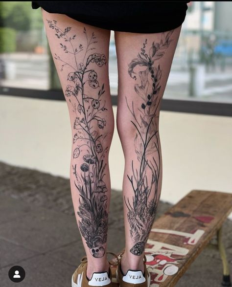 Identity Tattoo Ideas, Forest Leg Tattoos Women, Black And White Vine Tattoo, Flowers Growing Up Legs Tattoo, Leg Bone Tattoo, Leg Plant Tattoo, Nature Theme Tattoo, Forest Leg Tattoo, Botanical Tattoo Sleeve Vintage