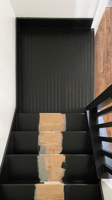 Easy DIY Stair Remodel (Step-by-Step Tutorial) Black Painted Stairs, Stairway Makeover, Staircase Carpet, Stairs Remodel, Diy Stairs Makeover, Stairs Makeover Ideas, Diy Staircase Makeover, Black Staircase, Stairway Ideas