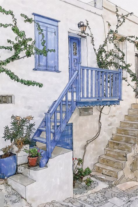 Building Painting Ideas, Watercolor Art Buildings, Greece Sketch, Cottage Drawing, Sketchbook Architecture, Home Drawing, Diy Watercolor Painting, Architecture Drawing Art, Architectural Sketch