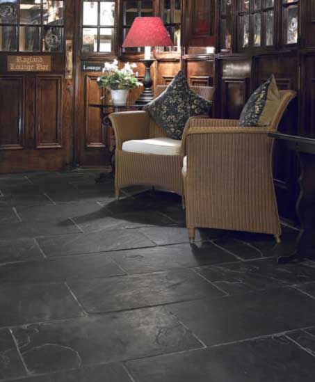 maybe for kitchen floor. Dark Flagstone Kitchen Floor, Moody Kitchen Flooring, Slate Tile Porch, Tile Bedroom Floor, Tile Floors Kitchen, Slate Floor Kitchen, Black Slate Floor, Slate Kitchen, Slate Floors