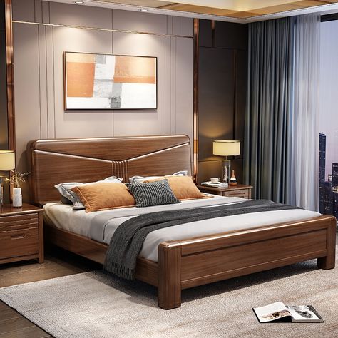 King Size Bed Master Bedrooms, Solid Wood Bed Design, Wooden King Size Bed, King Bedroom Furniture, Solid Wood Bedroom Furniture, Headboard Shapes, Walnut Bed, Single Bed Mattress, Wood Bed Design