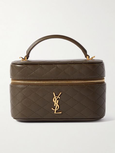 Like many of the designs in SAINT LAURENT's 'Gaby' collection, this mini bag is made from smooth quilted leather and embellished with its iconic gold-tone 'Cassandre' logo. It will accommodate all of your small essentials, including a phone, cardholder, and keys. Carry it by the top handle or style it cross-body with the detachable long strap. Designer Top Handle Bag, Designer Makeup Bag, Flat Dress Shoes, Vanity Bag, Gucci Eyewear, Purse Brands, Gold Bag, Luxury Designer Handbags, Luxury Bag