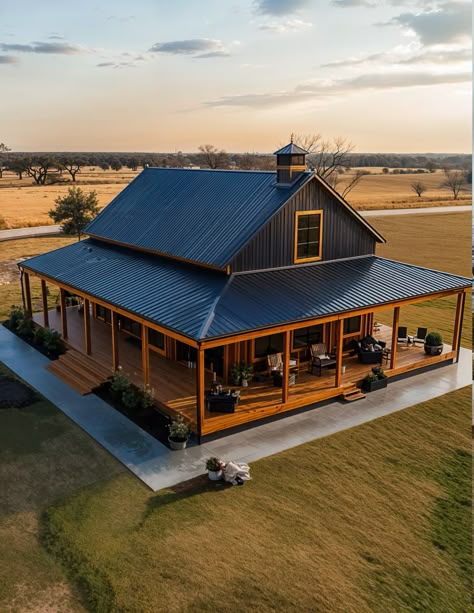 Countryside Porch Dreams Wrap Around Porch With Gazebo, Small Farmhouse With Wrap Around Porch, Small Barndominium Ideas With Wrap Around Porch, Farmhouses With Porches, Wrap Around Porch Barndominium, Barndominium Wrap Around Porch, Wrapped Around Porch, Barndominium With Wrap Around Porch, Farmhouse Exterior Wrap Around Porches