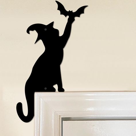 PRICES MAY VARY. 【Halloween Decoration】This Halloween Door Corner Cat sign decor is exquisitely designed with mixed elements of witch hat, cat, and bat. The black decoration has a sense of mystery and is very suitable for home and party decorations during Halloween. This can also be given as a Halloween Decor to family and friends. 【High Quality】This Halloween Door Corner Cat decoration is made of high-quality metal iron, durable and resistant to impact, lightweight and sturdy, not easy to rust, Halloween Decorations Black Cat, Witch Themed Decor, Halloween Cat Decor, Halloween Door Signs Diy, Scary Door Decorations Halloween, Crow Halloween Decorations, Pretty Halloween Decor, Halloween Cat Decorations, Halloween Entrance Decor