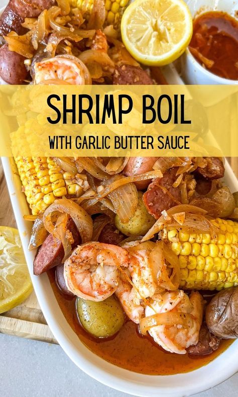 This shrimp boil is a seafood lover's dream! Loaded with supple shrimp, sausage, corn, and potatoes. Then drenched in an amazing garlic butter sauce. #shrimpboil #shrimprecipes #seafoodboil #garlicbuttersauce #shrimp #seafood Shrimp Boil Seasoning, Shrimp Boil In Oven, Crab Boil Recipe, Low Country Boil Recipe, Corn And Potatoes, Seafood Boils, Shrimp Boil Recipe, Boil Recipes, Aphrodisiac Foods