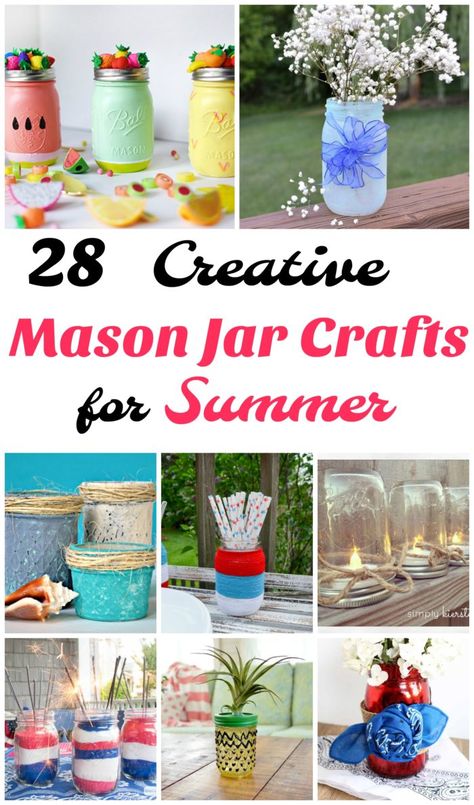 28 Creative Summer Mason Jar Crafts - The Hybrid Chick Easy Mason Jar Crafts Diy, Easy Mason Jar Crafts, Spring Mason Jar, Mason Jar Lanterns, Summer Centerpieces, Family Projects, Mason Jar Projects, Jar Centerpieces, Jar Art