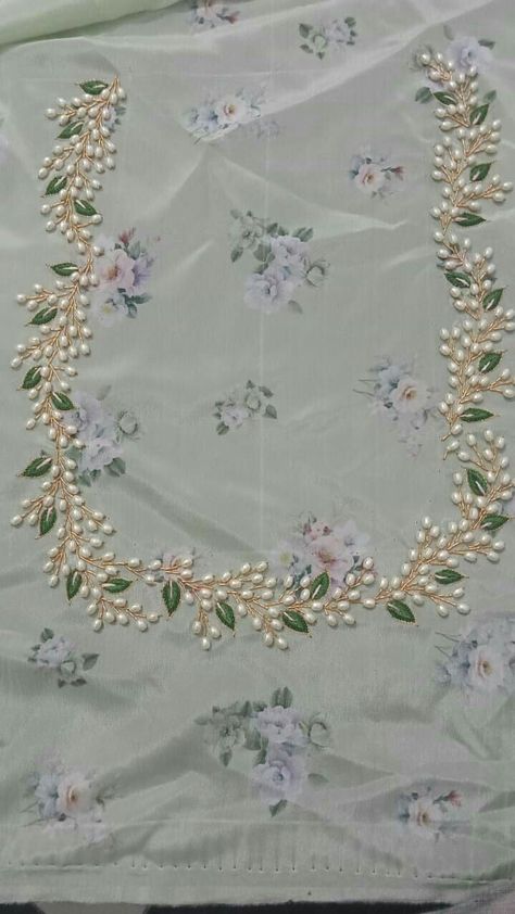 Maggam Work With Pearls, Maggam Work For Dresses, Simple Aari Work Neck Design, Handmade Embroidery Designs For Blouse, Pearl Aari Work Blouse Designs, Pearl Maggam Work Blouse Designs, Beads Work On Blouse Simple, Pearl Handwork Embroidery, Simple Pearl Work Blouses