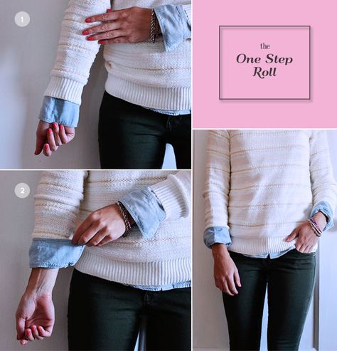 OPTION 4: THE ONE STEP ROLL As seen on the lovely Blair Eadie quite often, this simple roll is perfect when pairing a collared shirt with a ... J Crew Cuff Roll, J Crew Sleeve Roll, Pullover With Collared Shirt, How To Cuff Sleeves, How To Roll Sleeves Women, Rolling Up Sleeves, Look Working Girl, How To Roll, Blair Eadie