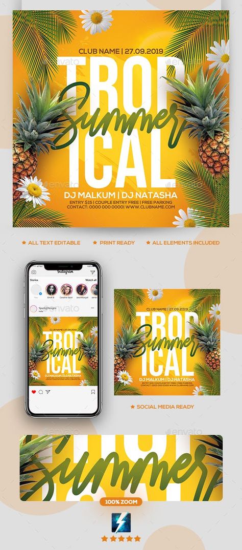 Tropical Summer Party, Summer Party Flyer, Business Advertisement, Tropical Poster, Food Flyer, Party Flyer Template, Birthday Club, Summer Party Decorations, Festival Flyer