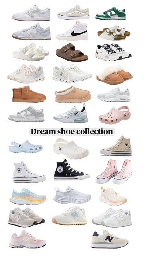 My dream shoe collection collage with nikes, uggs, hokas, on clouds, vans, converses, new balances, crocs, and birkenstocks Shoes Christmas List, Shoes Wishlist 2024, Shoes That Go With Anything, Christmas List Ideas Shoes, Christmas List Shoes, Dream Shoe Collection, Shoes For School 2024, That Girl Shoes, Aesthetic Shoe Collection