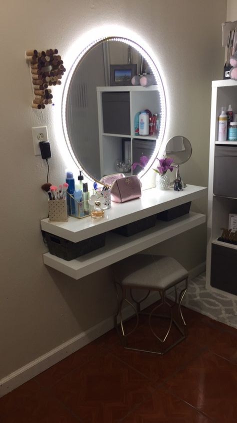 Small Vanity Mirror Ideas, Makeup Vanity With Mirror On Wall, Mirror Wall Decor With Shelves, Homemade Vanity Mirror With Lights, Led Lights Behind Mirror Bedroom, Make Up Mirror Ideas Vanity Area, Vanity Ideas Bedroom Small Simple, Circle Mirror Vanity Bedroom, Desk With Mirror On Wall