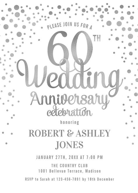 60th wedding anniversary invitation. Elegant invite card design in white with faux silver script font and confetti. Perfect for a stylish diamond anniversary celebration Anniversary Party Themes, 60th Anniversary Parties, 60th Wedding Anniversary, White Invitation, Anniversary Invitation, Invite Card, Wedding Anniversary Celebration, 60 Wedding Anniversary, 40th Wedding Anniversary