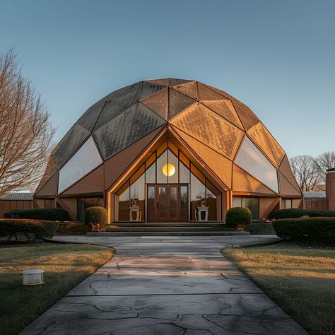 Discover the timeless appeal of this mid-century modern geodesic dome house. Featuring a striking geometric design with warm, earthy tones, this unique home stands out with its bold panels and grand entrance. Surrounded by a meticulously landscaped garden, the elegant facade and expansive windows blend classic style with modern innovation, making it perfect for design enthusiasts who appreciate sophisticated and innovative architecture. Geodesic Dome Architecture, Dome Architecture Design, Dome House Interior Design, Triangle Building Architecture, Geodesic Architecture, Polygon Architecture, Unique Architecture House, Dome House Interior, Geodesic Homes