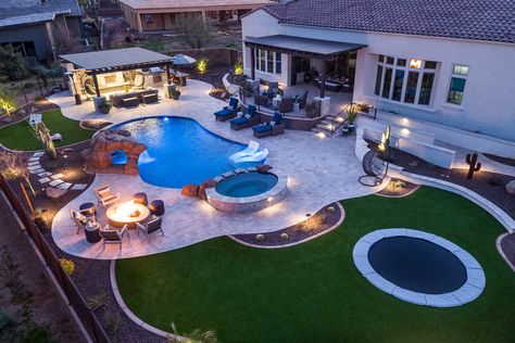 House With Pool In Front Yard, Dream Backyard Layout, Large Backyard Pool Ideas, Family Friendly Pool Design, Pool With Patio Ideas, Large Yard Landscaping Layout With Pool, Backyard Oasis With Inground Pool, Pool And Patio Design, Awesome Backyard Ideas With Pool