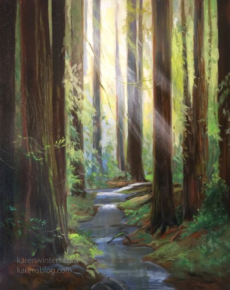 "Redwood Creek" 20 x 16 inches impressionist oil painting of California redwood grove in Northern California © 2016 Karen Winters Fine Art. All rights reserved. Do not copy. Forest Stream Painting, Redwood Forest Painting, Light Through Trees Painting, Redwoods Painting, Redwood Tree Painting, Woodlands Painting, Redwood Painting, Science Mural, Redwood Forest California