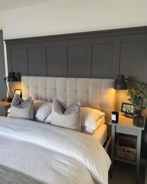 Mai & Ben on Instagram: “Panelling project 🤍 Still so in love with this room. Does anyone have any print suggestions for the picture ledge? #classicinteriors…” Wall Paneling With Picture Rail, Panelling Up To Picture Rail, Tall Panelling Bedroom, Panelling With Ledge, Picture Rail Panelling, Picture Ledge Ideas Bedroom, Panelling With Picture Rail, Wall Panelling Behind Bed, Bedroom Picture Rail