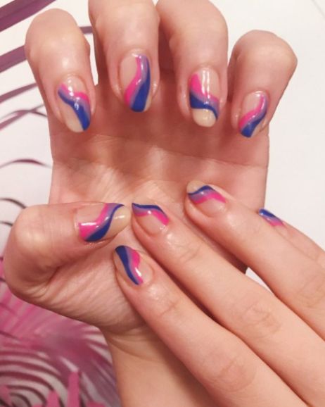 Nail Pride Designs, Pride Short Nails Designs, Bi Nails Designs, Pride Nails Aesthetic, Subtle Bi Pride Nails, Bisexual Nail Designs, Short Pride Nail, Pride Nails Bisexual, Bisexual Flag Nails