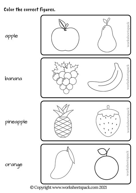 Fruits activities for preschoolers - worksheetspack Fruit For Preschool, Worksheet Ideas For Preschool, English Worksheets For Preschoolers, Language For Kindergarten Worksheets, Worksheet On Fruits For Kindergarten, Language Worksheets For Preschool, Activity Sheet For Preschoolers, Activity Book For Preschoolers, Fruit Shapes For Kids