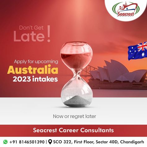 Apply your Australia Study Visa with Seacrest Career Consultants For Upcoming 2023 intakes. Apply for upcoming intake ✅To Get in touch with us Call us: + 91 8146501390 Email: operation.seacrest@gmail.com #studyinaustralia #australia #studyvisa #seacrest #seacreststudyabroad #highereducation #studentvisa #chandigarh #mohali Australia Study Visa Creative Poster, Study In Australia Creative Ads, Australia Study Visa, Study In Australia, Flyer Inspiration, Digital Advertising Design, Australia Visa, Career Consultant, Food Ads