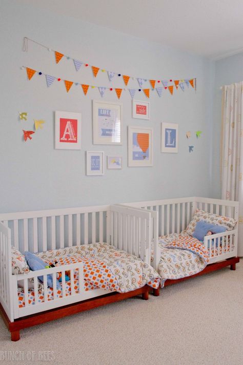 toddler bed or straight to twin?  art by bunch of bees on etsy  Toddler twin boys shared space Twin Toddler Bedroom, Diy Toddler Bed, Twin Toddlers, Small Nurseries, Adorable Nursery, Toddler Boys Room, Twin Bedroom, Toddler Beds, Toddler Rooms