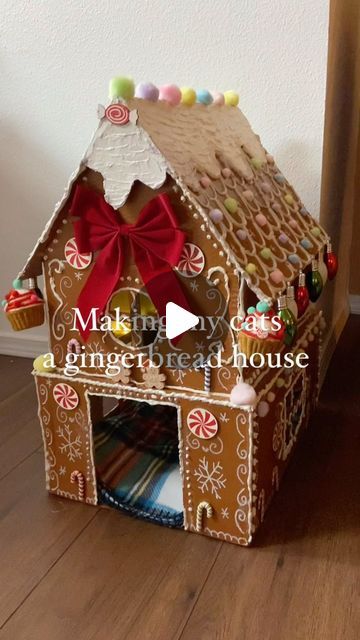 Emma Movius on Instagram: "I hope they love it!! This was an all day project 😂 #diy #xmascrafts #christmascrafts #christmasdecor #catmom #catsofinstagram" Diy Christmas Cat House, Christmas Cat House, Animal Reels, Cat Gingerbread, Cat Den, Gingerbread Cat, Cardboard Gingerbread House, Amazon Boxes, Ginger Bread House Diy