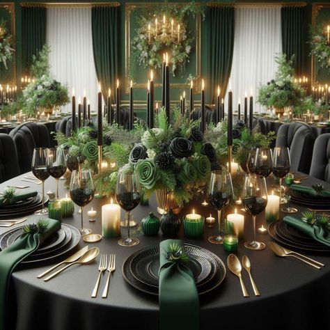 Forest Green Table Setting Wedding, Dark Green Black Wedding Theme, Green Black And Gold Wedding Decor, Wedding Color Dark Green, Black Gold And Dark Green Wedding, Dark Classy Wedding Theme, Dark Earth Tone Wedding, Dark Green Reception Decor, Dark Whimsical Wedding Theme