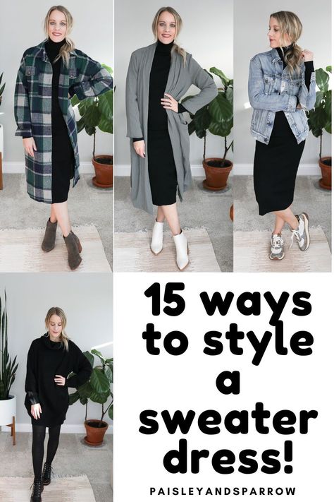 Casual Dress Winter Outfit, Style Long Sweater Dress, Blazer And Sweater Dress, How To Wear A Knit Dress, Black Knit Dress Outfit Winter Boots, Knit Dresses Outfit, Knitted Dresses Outfit, Long Sweater Dress Outfit Casual, Sweater Over Black Dress Outfit