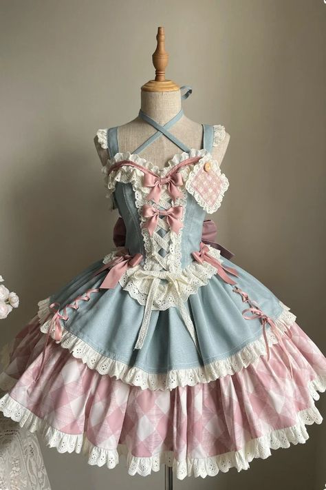 Blue/Pink [Sweetheart Cowboy] Plaid Print Ruffle Bowknot Sweet Lolita – LolitaInside Dress Made From Trash, Cute Dress Outfits Aesthetic, Cute Skirts Outfits, Cute Core Outfit, Cute Core Aesthetic, Princesscore Outfits, Pink Blue Outfit, Sweetheart Outfit, Japanese Kawaii Fashion