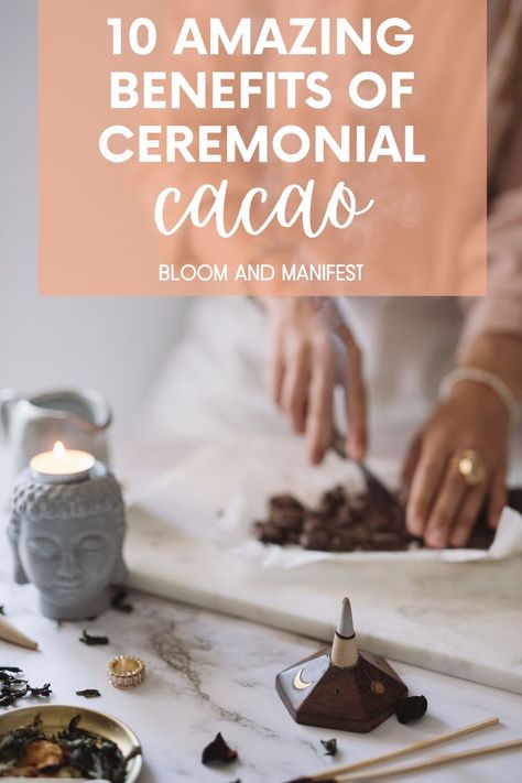 woman chopping ceremonial cacao on a marble counter with a wooden incense burner and buddha candle holder. text reads 10 amazing benefits of ceremonial cacao Mayan Cacao Ceremony, Cacao Butter Benefits, Ceremonial Cacao Benefits, Ceremonial Cacao Recipe, Benefits Of Cacao Powder, Cocoa Ceremony, Benefits Of Cacao, Cacao Tree, Cacao Benefits