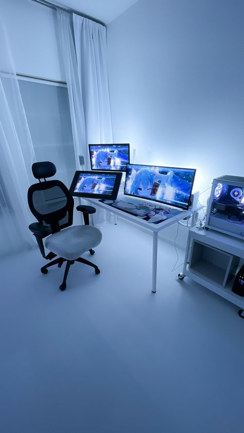 Clean Gaming Room, Sterile Aesthetic, White Pc Setup, Cybercore Room, Room Office Design, White Setup, Futuristic Bedroom, Tech Room, Battle Station