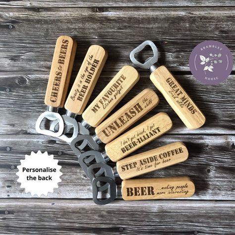 Wooden beer bottle opener | Custom engraved | Gift for Dad, him, men | Funny custom barware | Bar owner gift by BrambleyHouse on Etsy Bar Owner, Wooden Bottle Opener, Beer Bottle Opener, Bottle Openers, Personalised Gifts, Gift For Dad, Custom Engraving, Beer Bottle, Bottle Opener