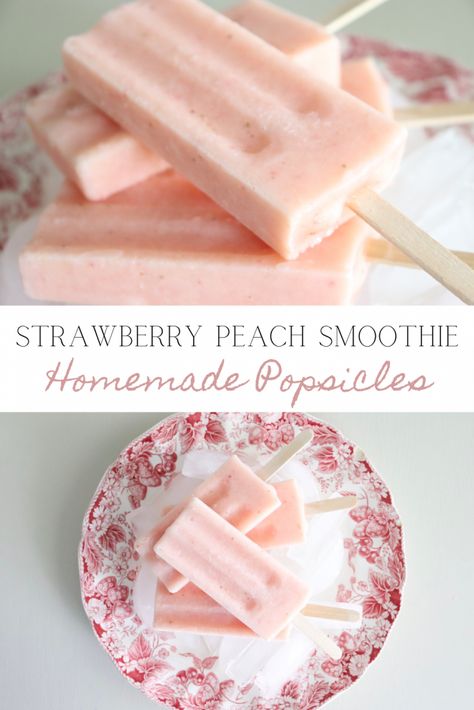 Peaches And Cream Popsicles, Homemade Fruit Popsicles Healthy, Strawberry Ice Pops Homemade Popsicles, Strawberry Banana Popsicle Recipes, Healthy Strawberry Popsicle Recipes, Strawberry Peach Smoothie, Smoothie Pops, Natural Cooking, Smoothie Popsicles